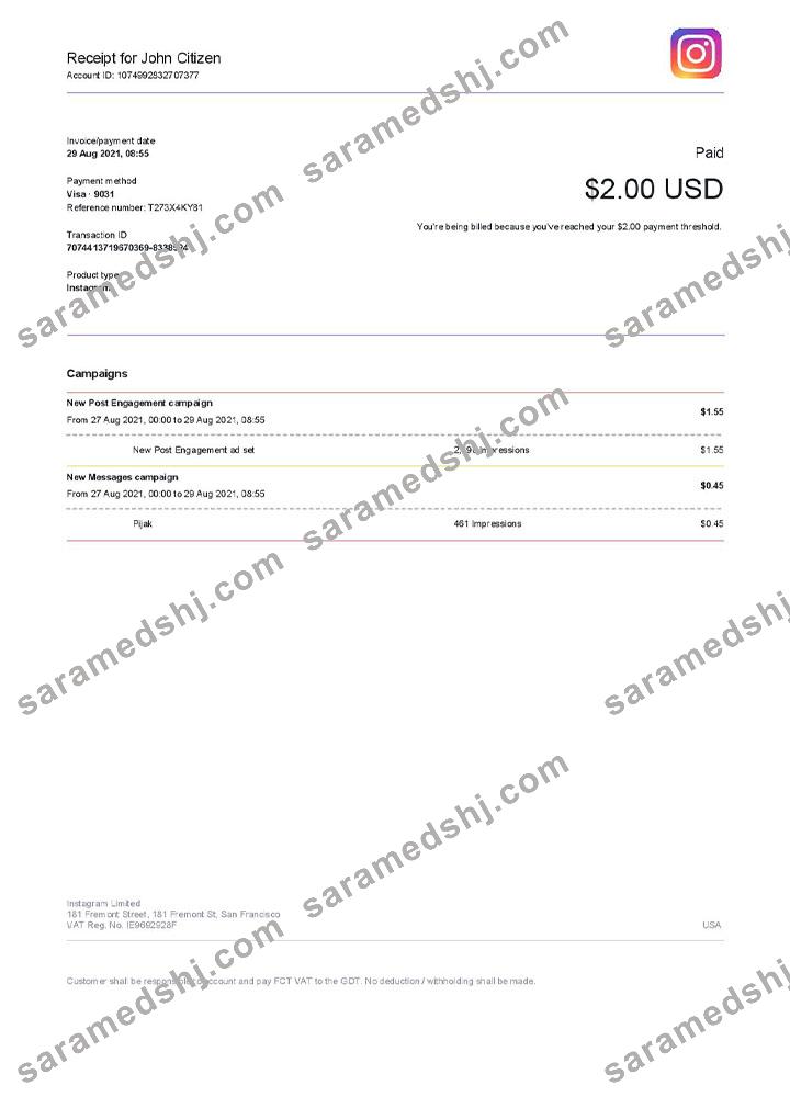 USA Instagram invoice template